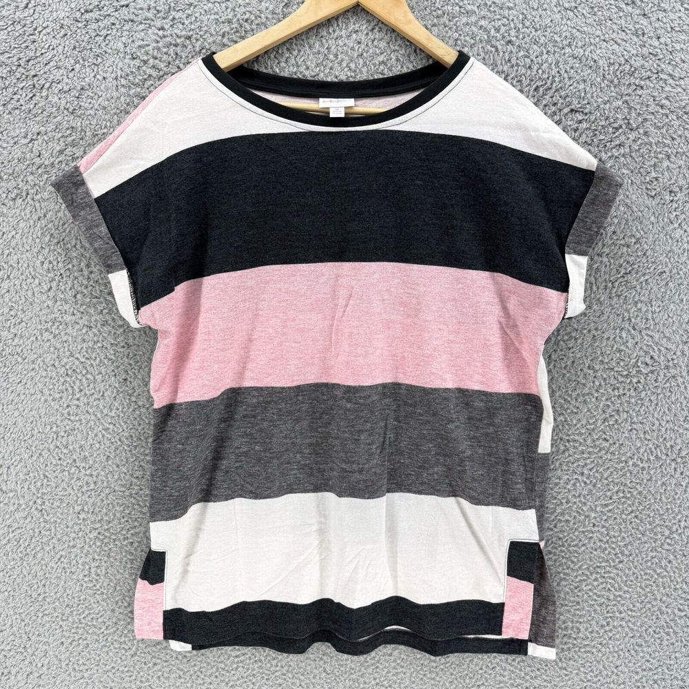 LuLaRoe Women's M Pink Colorblock Stripe‎ Gray Black Knit Stretch Hem Sleeve Top